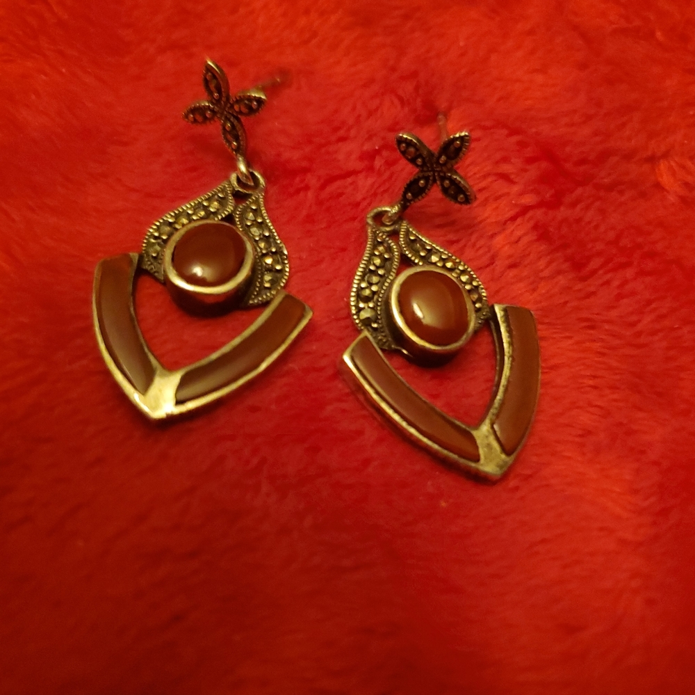 Dark red tourmaline & beautiful filigree earrings  sterling silver